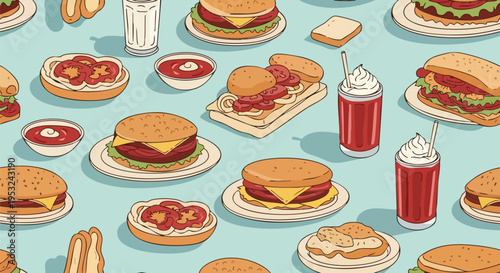 Flat lay of various fast food items including burgers, sandwiches, fries, and drinks on plates and trays against a light blue background.