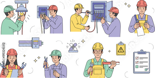 Electrician and maintenance worker vector set featuring diverse technicians repairing electrical panels with tools and safety checklist in line art style