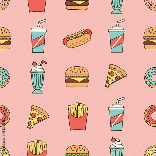 Flat lay illustration of various fast food items and drinks on a pink background with a playful and colorful mood.