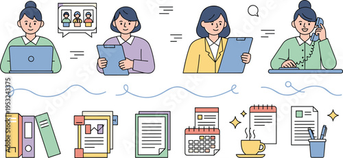 Professional female office secretary vector set featuring administrative tasks laptop work phone calls and document organization in flat line art style