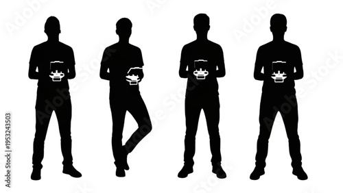 Four distinct black silhouettes of men standing in various poses, each holding a bowl-shaped object against a bright white background, symbolizing diverse human forms and actions