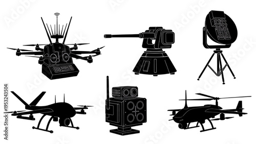Comprehensive black silhouette vector collection showcasing modern unmanned defense and reconnaissance technology