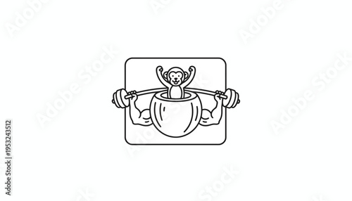 Strong Monkey Lifting Weights in Coconut Shell, Fitness Gym Workout, Healthy Lifestyle