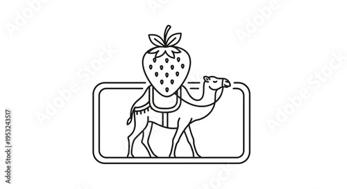 Strawberry Camel Riding in Frame, Whimsical Fruit Animal Hybrid, Unique Food Concept