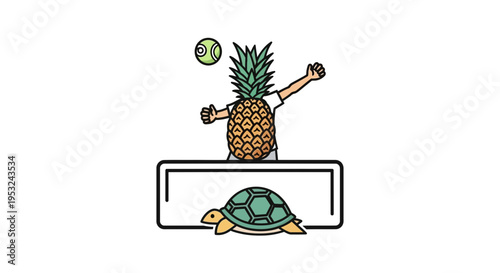 Surreal Pineapple Man Playing Tennis with Turtle Below