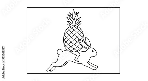 Surreal Line Art: Rabbit Riding a Pineapple