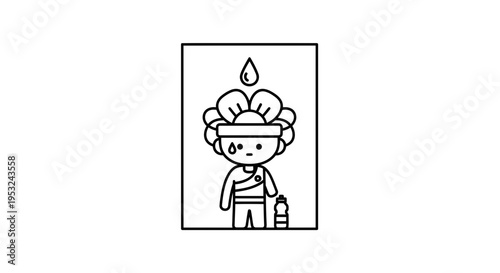 Tired Athlete Sweating After Workout with Water Bottle, Minimalist Line Art