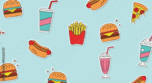 A colorful flat lay pattern of various fast food items including burgers, hot dogs, fries, pizza, milkshakes, and soda on a light blue background.