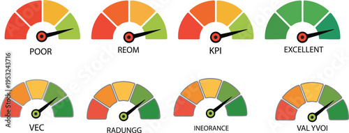 Colorful Performance Rating Gauge Meter Set .Color Scale Indicator Meter for KPI Reports. Speedometer gauge indicating level with rainbow color segments for performance indicator evaluation.