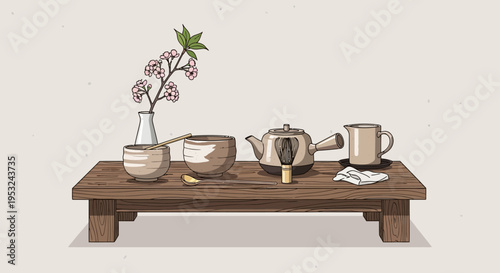 Low table with tea set and vase with flowers on beige background