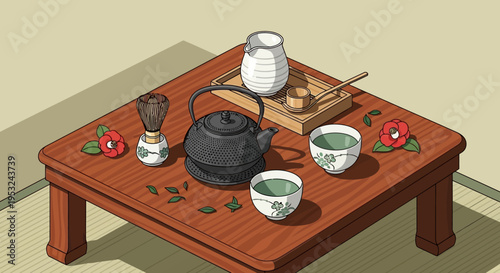 Traditional Japanese Tea Ceremony Setup with Teapot and Cups on Low Table