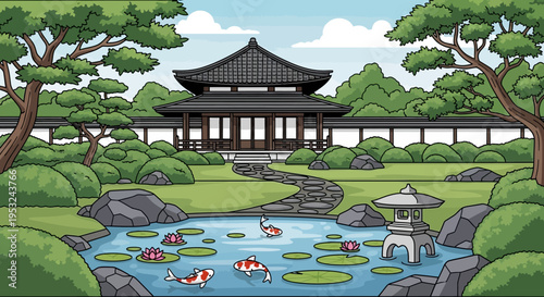 Serene Japanese garden with pond and koi fish in front of a traditional Asian style building