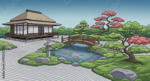 Serene Japanese garden with traditional house and pond