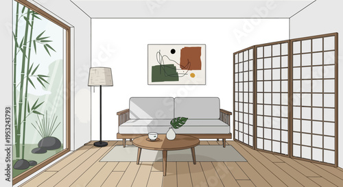 Modern minimalist living room with bamboo view and room divider