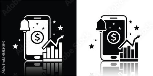 Social Media Growth Icon with Smartphone, Upward Chart, and Marketing Elements Silhouette