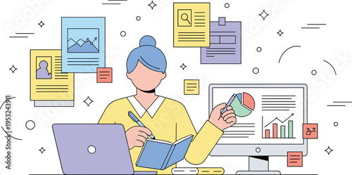 Business woman working on laptop and analyzing data charts on computer monitor with notes and documents in flat line art style