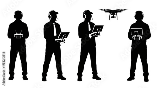 Professional Drone Operators Silhouettes Controlling Unmanned Aerial Vehicles with Remote Technology