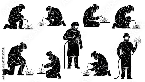 Dynamic silhouettes of professional welders performing essential metal fabrication tasks with precision