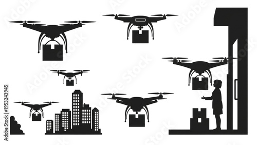 Efficient drone delivery system in urban environments, showcasing futuristic package logistics and automated service