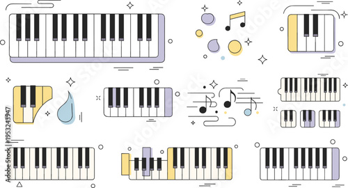 Piano keyboard and musical notes vector set with synthesizer keys and melody symbols in a modern flat outline pastel style for music education