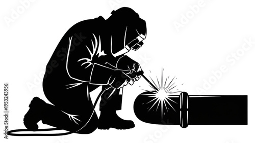 Skilled industrial worker performing precise arc welding on a metal pipe, showcasing expertise and safety