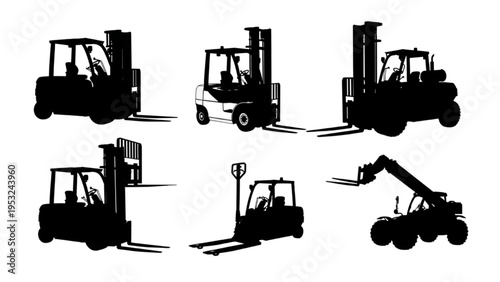 Various industrial lifting vehicle silhouettes for material handling and efficient warehouse logistics showcasing essential equipment