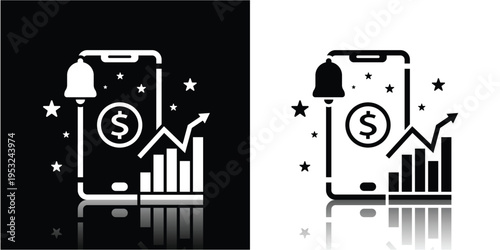 Social Media Growth Icon with Smartphone, Upward Chart, and Marketing Elements Silhouette