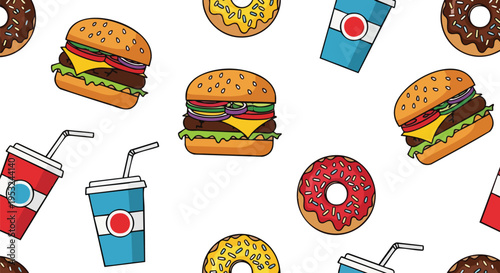 Flat lay of assorted fast food items including burgers, donuts, and soda cups on a white background with a colorful and appetizing mood.
