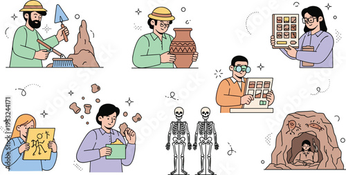 Archaeology and paleontology vector set featuring scientists excavating fossils, studying ancient pottery, skeletons, and cave paintings in flat line art style