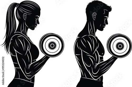 Black and white vector illustration of muscular men performing dumbbell bicep curls, fitness silhouette design for bodybuilding, strength training, gym workout, and health education concepts