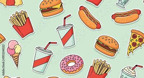 Colorful flat lay of various fast food items including burgers, fries, pizza, donuts, ice cream, and drinks on a light green background.