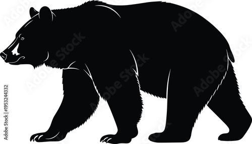 Black bear silhouette walking profile isolated on white background, wild animal vector illustration, forest wildlife symbol, nature conservation graphic for design and branding