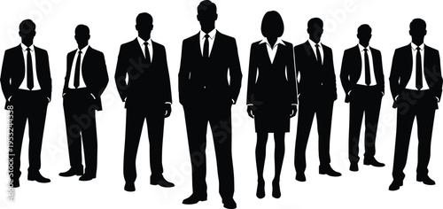 Black business people silhouettes group standing together in formal suits and corporate attire isolated on white background, professional leadership teamwork community office flat vector illustration