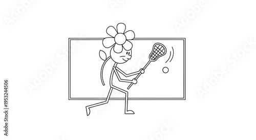 Stick figure flower character playing lacrosse with a ball and stick