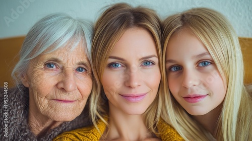 Generational Harmony: A touching portrait of three generations of women, each with unique beauty, united in a shared bond of love and family heritage. 