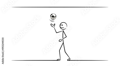 Stick figure juggling a metallic ball, simple line drawing, concept of skill and concentration