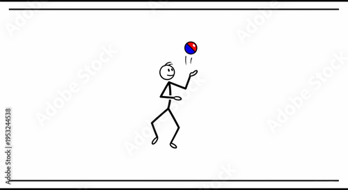 Stick figure juggling a colorful ball, simple cartoon illustration