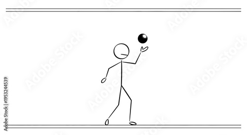 Stick figure juggling a ball, simple animation concept, white background
