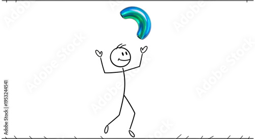 Stick figure juggling a shiny crescent moon against a white background