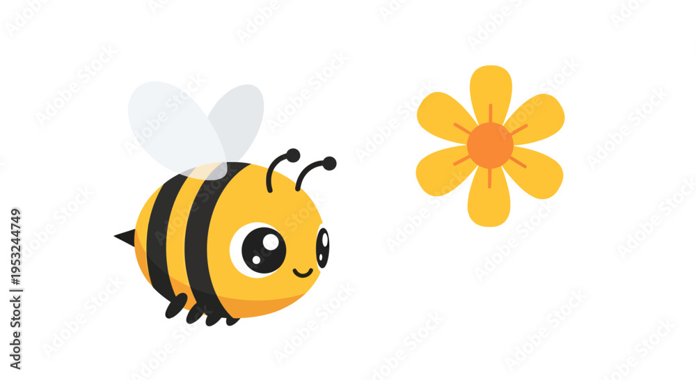 Fototapeta premium Bee Vector Illustration, Flat Design, Honeycomb Concept, Nature, Pollination, Cartoon Style