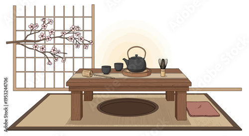 Traditional Japanese tea setting with cherry blossom screen