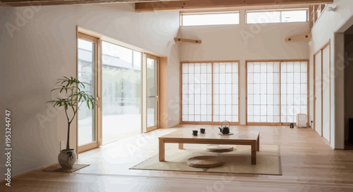Minimalist Japanese style interior with wooden table and potted plant