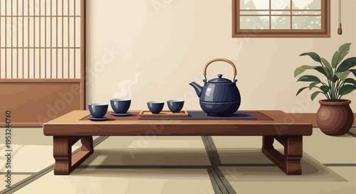 Traditional Japanese interior with low wooden table and tea set