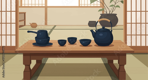 Traditional Japanese Tea Ceremony Setup with Teapot and Cups on Low Table