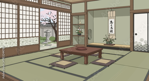 Traditional Japanese room with tatami mat flooring and shoji screens