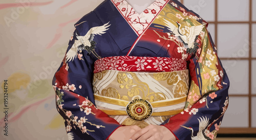 Woman wearing traditional Japanese kimono with floral patterns and obi belt