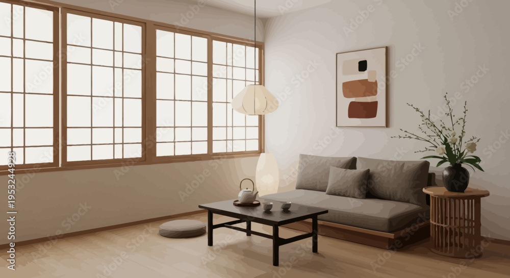 Fototapeta premium Modern minimalist living room with gray couch and wooden accents