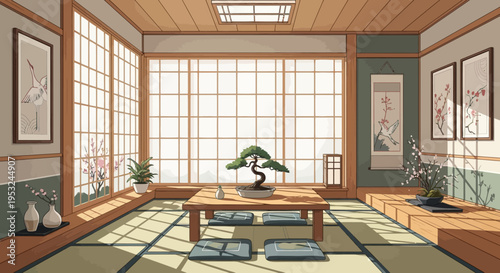 Traditional Japanese tatami room with bonsai tree and shoji screens