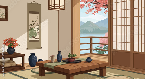 Traditional Japanese room with tatami mat and shoji screens overlooking serene lake and mountain landscape