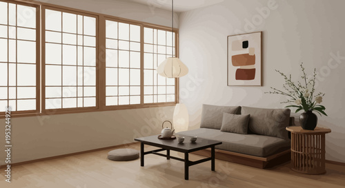 Modern minimalist living room with gray couch and wooden accents